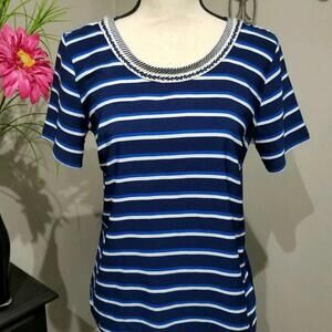 Charming Charlie Top Size Medium Blue Striped Braided Scoop Neck